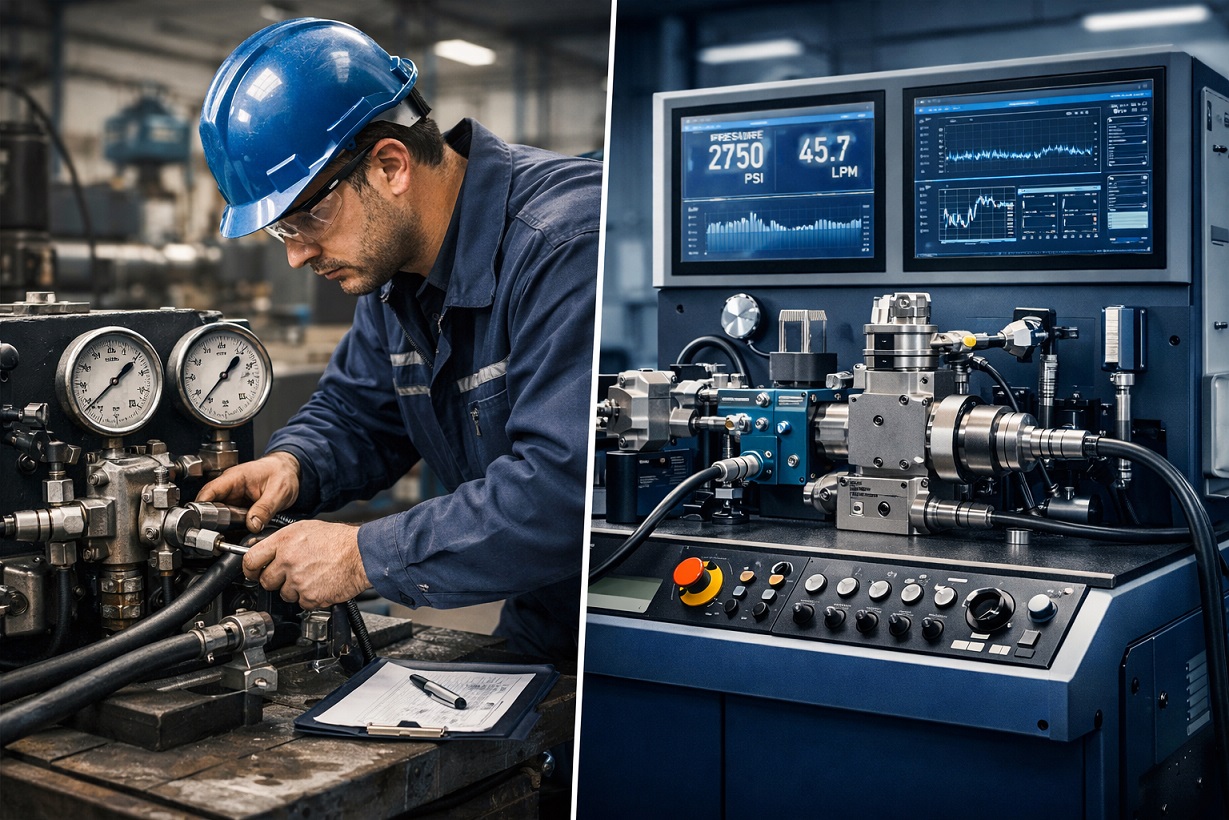 Hydraulic valve test bench vs manual testing comparison showing automated system and technician testing