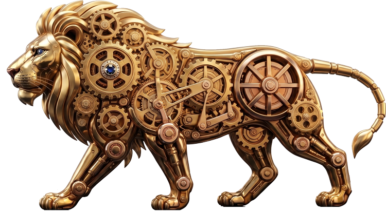 Make in India &mdash; gear-toothed lion mark &middot; Neometrix Defence
