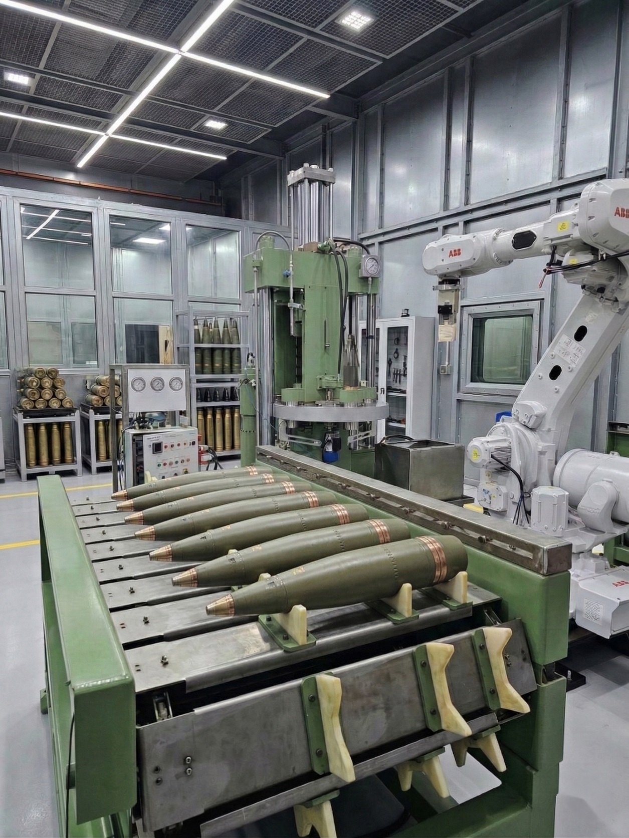 155mm shells on conveyor with hydraulic press and ABB robot