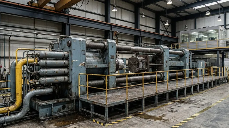 Illustrative render — a very large horizontal aluminium extrusion press in a plant: a massive painted steel press frame with heavy tie rods and main hydraulic cylinder, container and die stack at the centre, large-bore hydraulic piping and accumulators alongside, walkway and handrails, with an operator control pulpit beyond