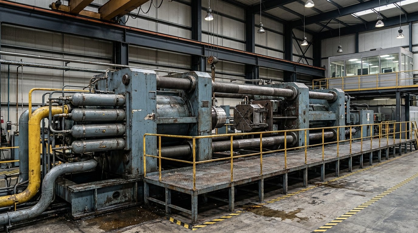 Illustrative render — a very large horizontal aluminium extrusion press in a plant: a massive painted steel press frame with heavy tie rods and main hydraulic cylinder, container and die stack at the centre, large-bore hydraulic piping and accumulators alongside, walkway and handrails, with an operator control pulpit beyond