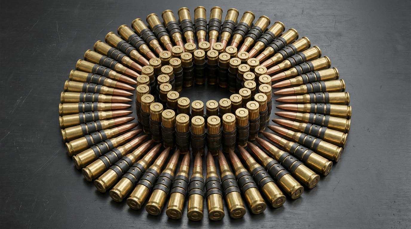 Coiled belt of 7.62 mm ammunition joined by M13 disintegrating metallic belt links