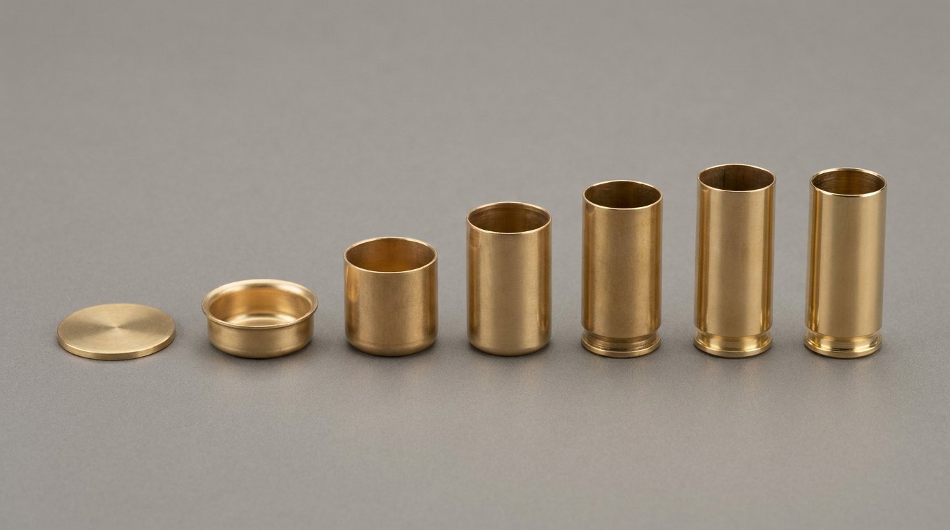 Deep-draw forming progression of a 9&times;19 mm case — flat brass disc, shallow cup, successive drawn cylinders, to finished headed case