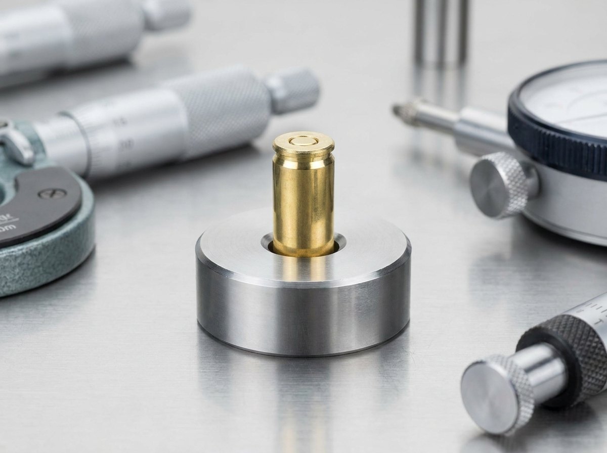 A 9&times;19 mm brass cartridge case seated in a precision steel GO/NO-GO ring gauge, with micrometers and a dial indicator on the inspection bench