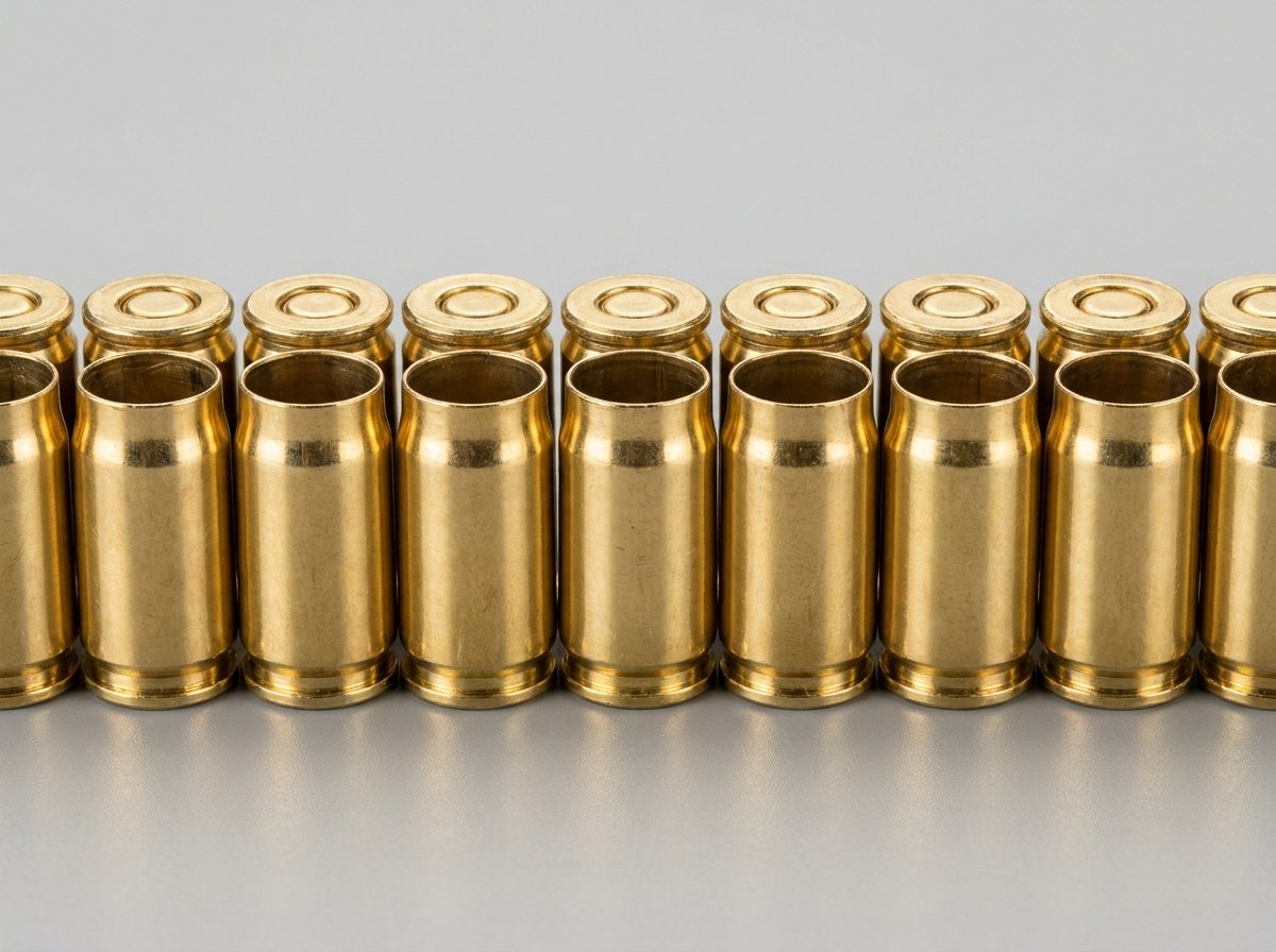 Row of finished bright-brass 9&times;19 mm cartridge cases showing clean primer-pocket bases and case mouths