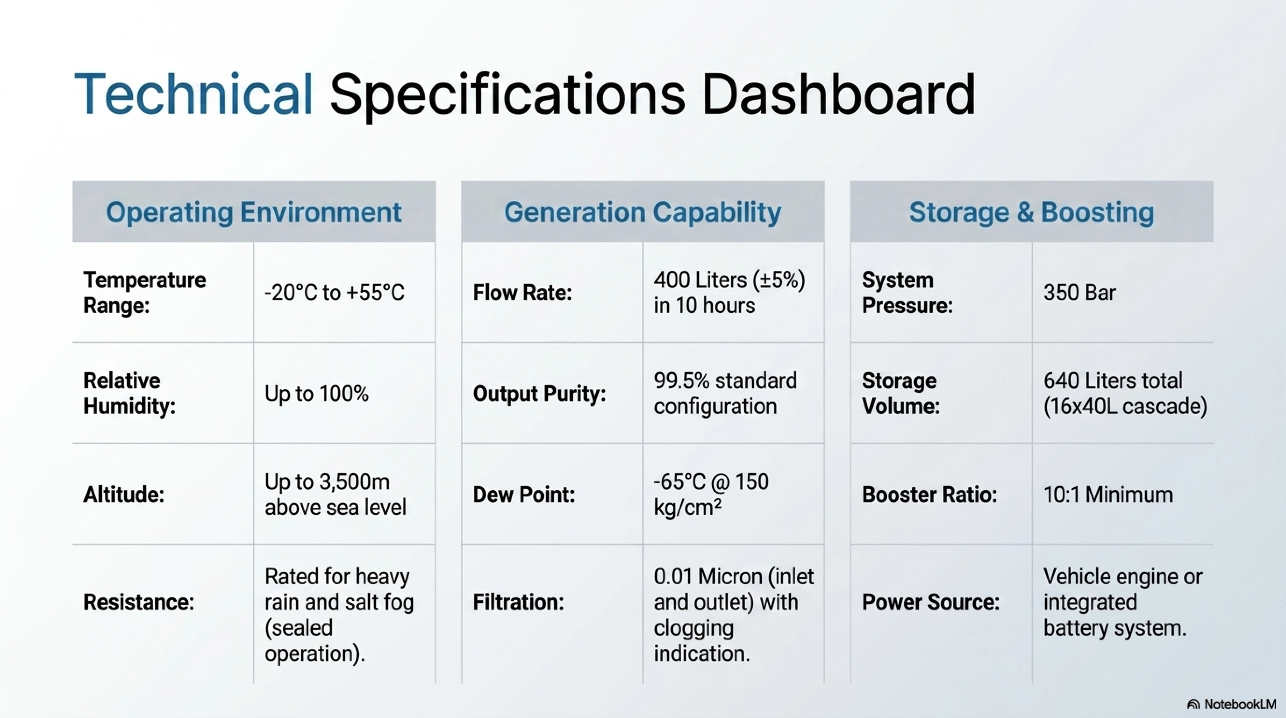 Technical Specifications Dashboard &mdash; operating environment, generation, storage and boosting
