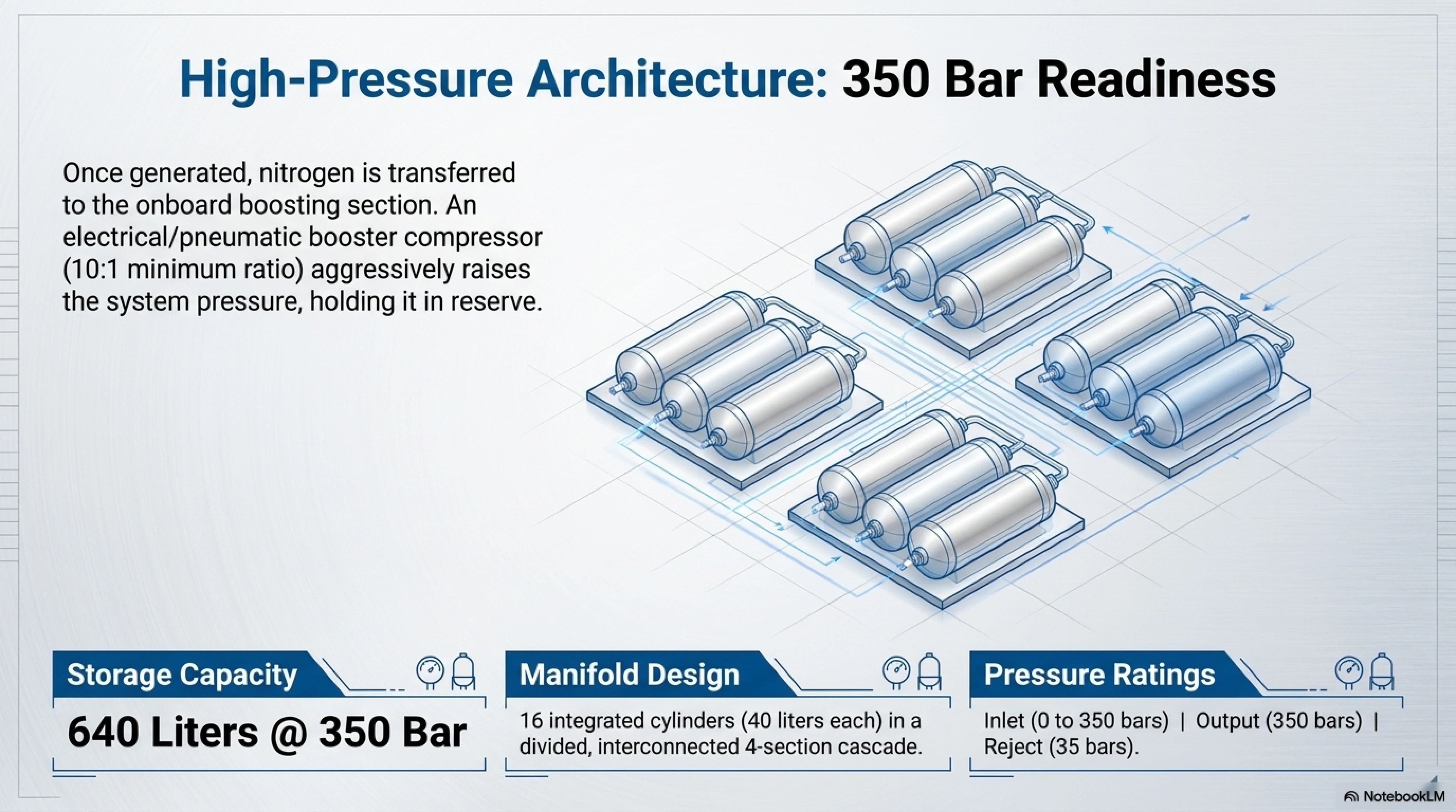 High-Pressure Architecture: 350 Bar Readiness &mdash; 640 L cylinder cascade