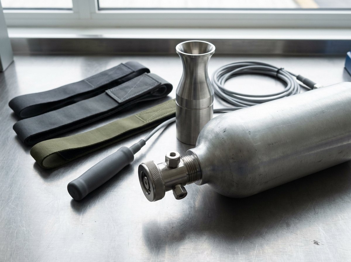 Illustrative of the class — close view across a brushed steel workbench of a short bare aluminium high-pressure gas cylinder lying horizontally with a precisely machined stainless steel valve head screwed into its neck, a knurled collar and a small bright hexagonal fitting, a separate machined stainless aspirator body with a wide flared throat standing upright beside it, and a coiled grey activation cable with a plain charcoal moulded handle alongside, no people, nothing connected and no readable markings