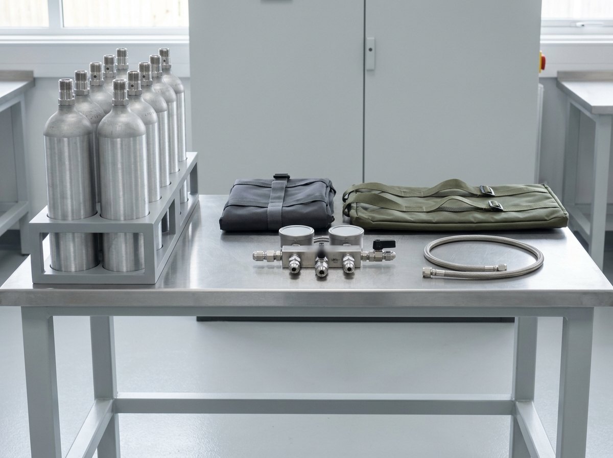 Illustrative of the class — a cylinder charging and certification bench in a clean workshop: a light-grey painted steel bench frame carrying a compact stainless high-pressure charging manifold with machined valves and cone-and-thread fittings, two blank unmarked pressure gauge bodies with faces turned away, a short stainless flexible charging hose, a row of six identical bare aluminium gas cylinders standing upright in a plain grey cylinder rack, and a light-grey control cabinet with completely blank panels behind, no people, nothing running and no readable markings
