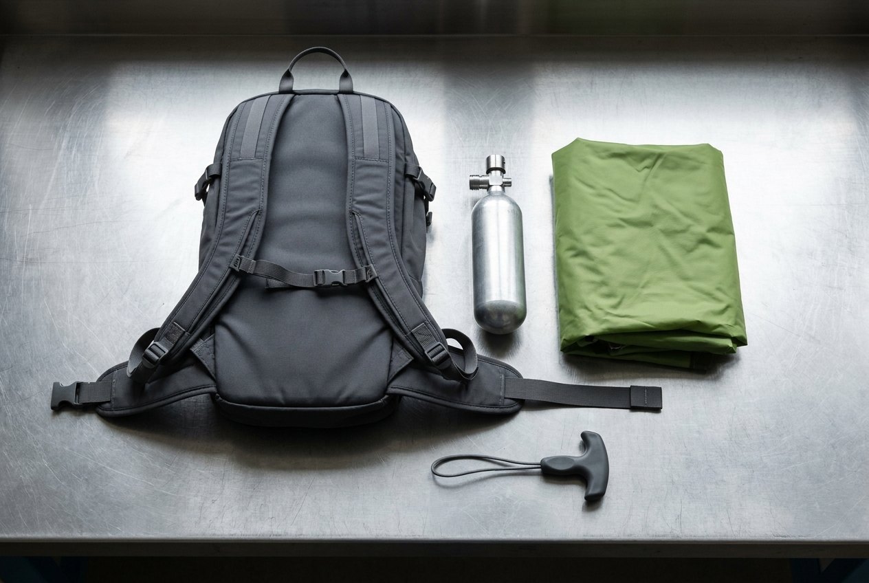 Illustrative of the class — an avalanche airbag pack system laid out flat on a brushed steel workbench, seen from directly above: a matte charcoal-grey technical fabric rucksack lying face down with plain unmarked webbing shoulder straps and waist belt spread flat, a folded olive-green inflatable bladder of light coated fabric beside it, a short bare aluminium gas cylinder with a machined stainless valve head, and a small moulded charcoal deployment handle on a short grey cord, no people, nothing inflated and no readable markings