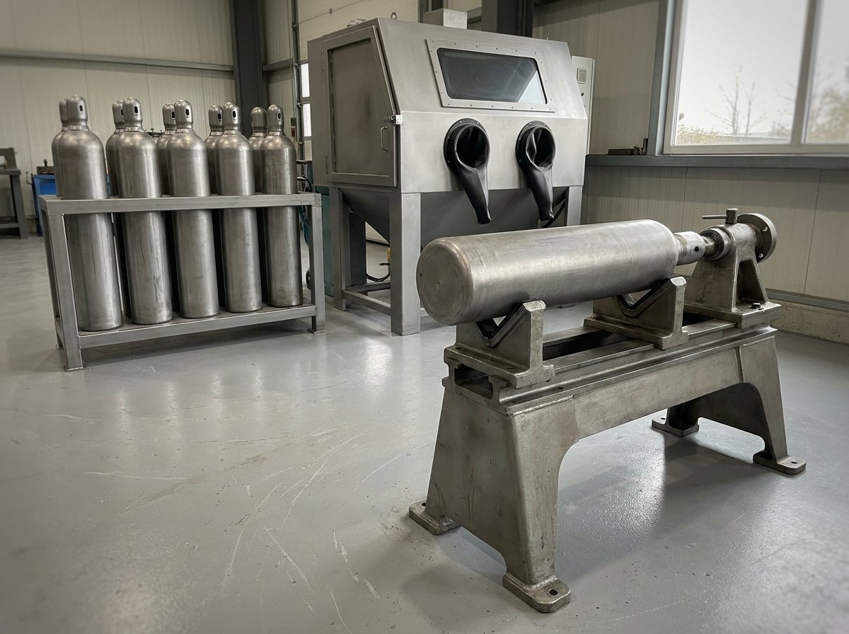 Illustrative image, not a delivered installation — the preparation side of a cylinder requalification line: an enclosed shot blasting cabinet, a bench-mounted bottle valve screwing machine with a clamped plain steel cylinder, and a rack of freshly cleaned bare-metal air bottles standing upright