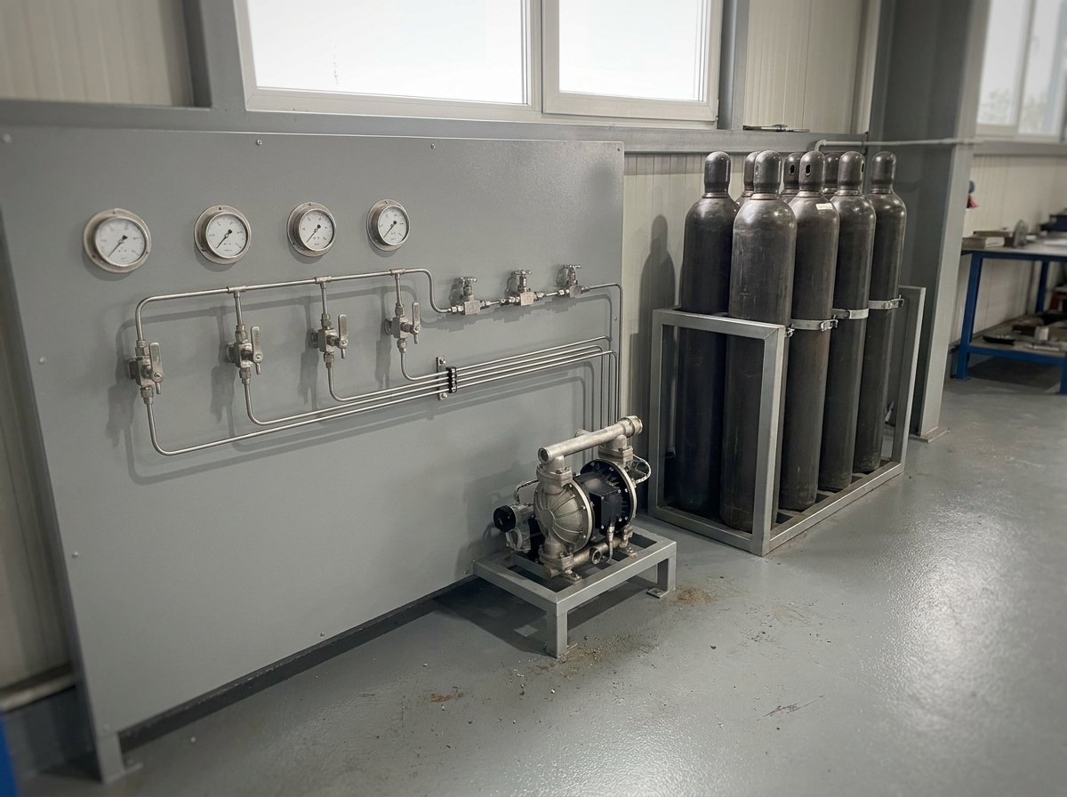 Illustrative image, not a delivered installation — the recharge side of a cylinder test facility: a wall panel carrying plain round pressure gauges, needle valves and stainless tubing above a compact booster unit, with a row of plain steel air bottles strapped in a storage rack alongside