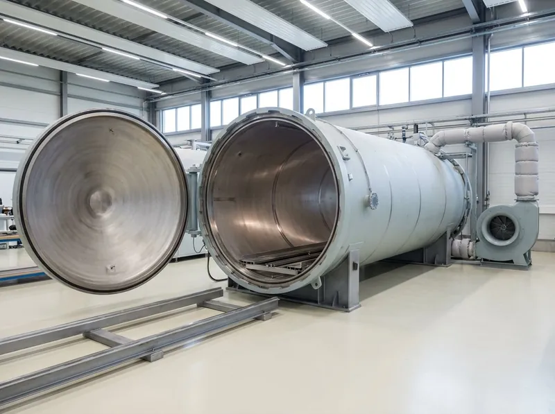 Illustrative image, not a delivered installation — a large horizontal aerospace autoclave in a clean composites shop: a big insulated cylindrical pressure vessel with its round quick-opening door swung open, loading rails leading into the chamber, and pipework and a fan housing at the rear end