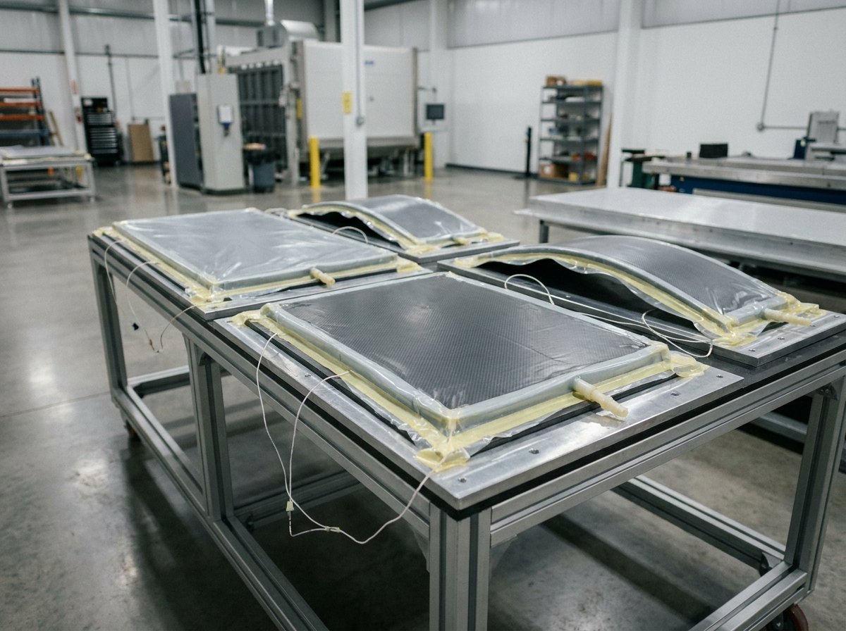 Illustrative image, not a delivered installation — composite parts ready for the autoclave on a loading cart: several flat and gently curved dark carbon-fibre panels on tooling, each sealed under a translucent vacuum bag with vacuum hose connectors and thin thermocouple wires led out, no text and no people
