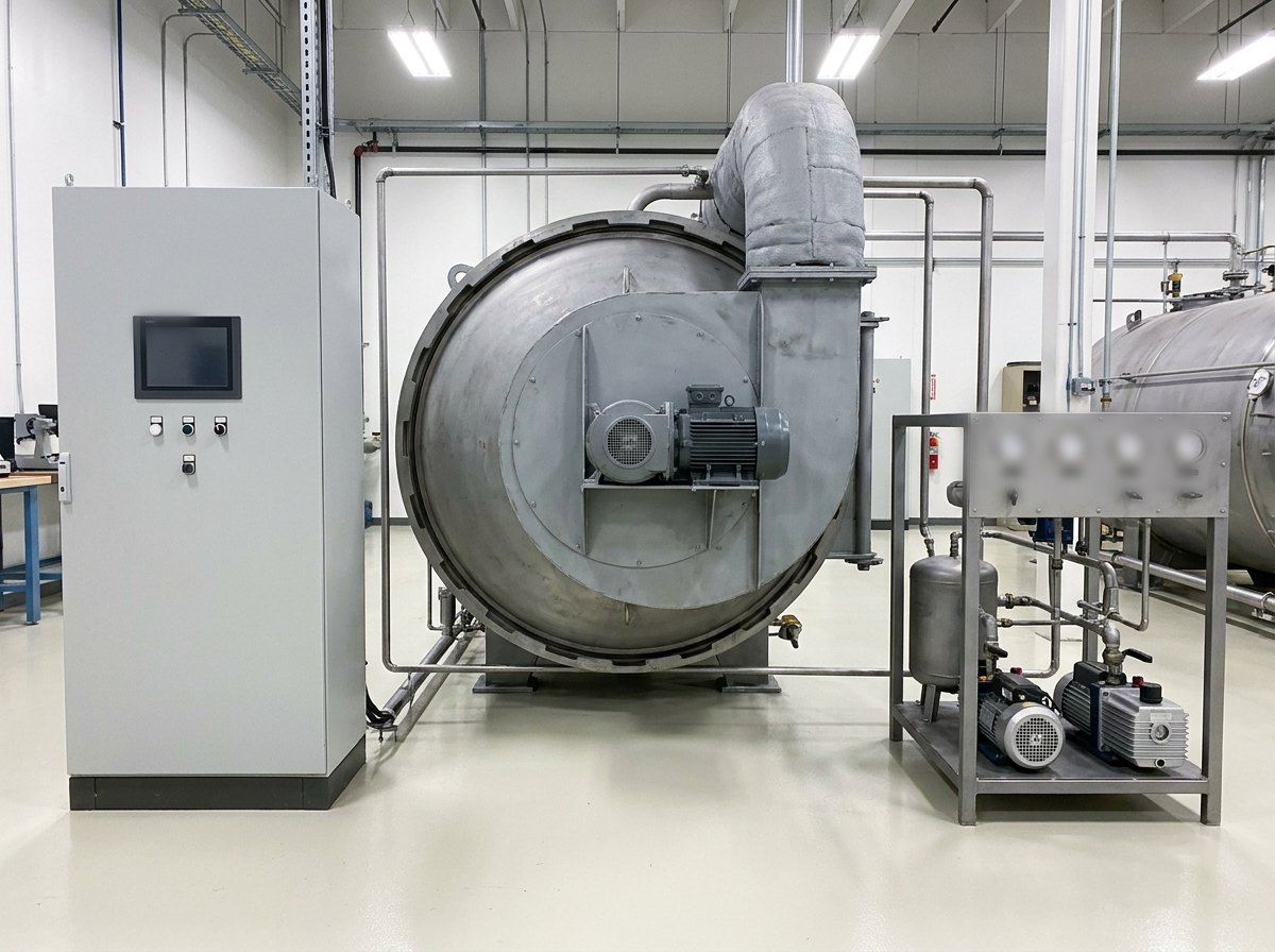 Illustrative image, not a delivered installation — the service side of an autoclave: a grey electrical control cabinet with a blank operator screen, a large lagged circulation-fan housing on the rear dished end of the vessel, a set of vacuum pumps and receivers on a skid, and pressure gauges with plain faces on a valve panel