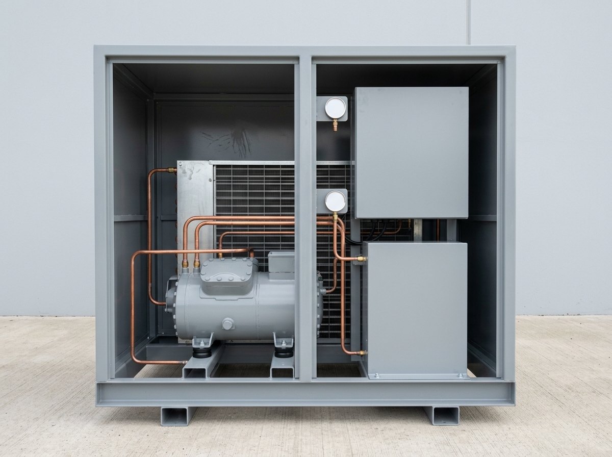Illustrative of the class — the machinery bay of a mobile air-conditioning trolley seen with its side casing removed: a compact horizontal refrigeration compressor in mid-grey paint sitting on black rubber anti-vibration mounts, neat runs of bare copper refrigerant pipework with brazed joints and swept bends, a finned condenser coil block behind a bare metal guard, two plain grey electrical enclosures with completely blank covers and two small round gauges with blank white faces, all inside the welded steel chassis frame standing on clean concrete, no people, nothing running and no readable markings