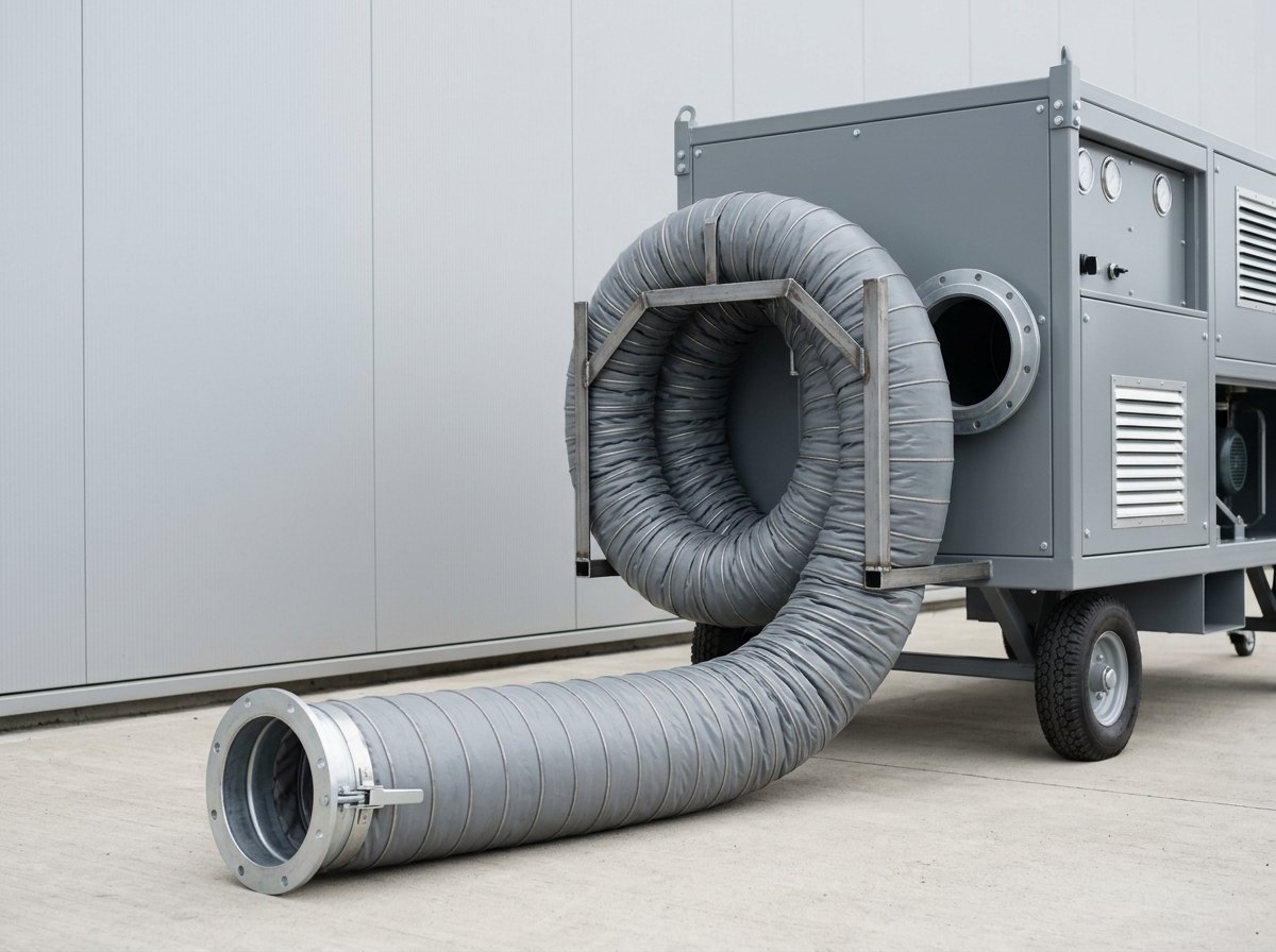Illustrative of the class — close view of the air delivery arrangement of a mobile cooling trolley: a large-diameter grey insulated flexible duct with visible helical reinforcing rings neatly coiled on a bare steel stowage cradle mounted on the side of the mid-grey painted enclosure, one end fitted with a plain circular bare-metal coupling ring with a bolted flange and lever latch, the duct running a short way across clean concrete, and the large circular flanged outlet on the trolley visible behind, no people, nothing running and no readable markings