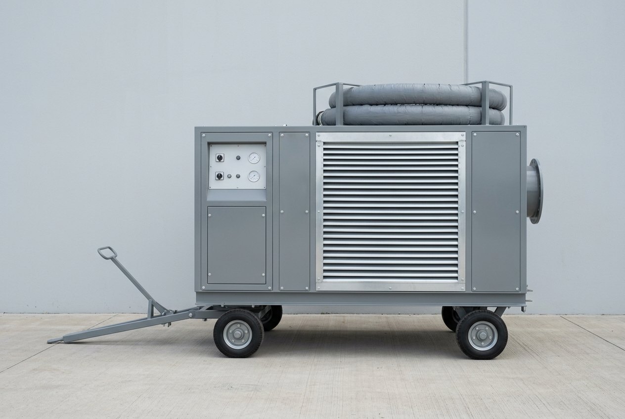 Illustrative of the class — a mobile air-conditioning trolley standing on empty clean concrete hardstanding: a boxy mid-grey painted sheet-metal enclosure on a welded steel chassis with four small solid rubber-tyred road wheels, a long steel tow drawbar angled down at the front, wide bare-metal louvred grilles across one side and the top for condenser air, a recessed blank control panel with plain unmarked round gauges, a large circular flanged air outlet at the opposite end and a coiled grey insulated flexible duct stowed in a cradle on top, no people, nothing running and no readable markings