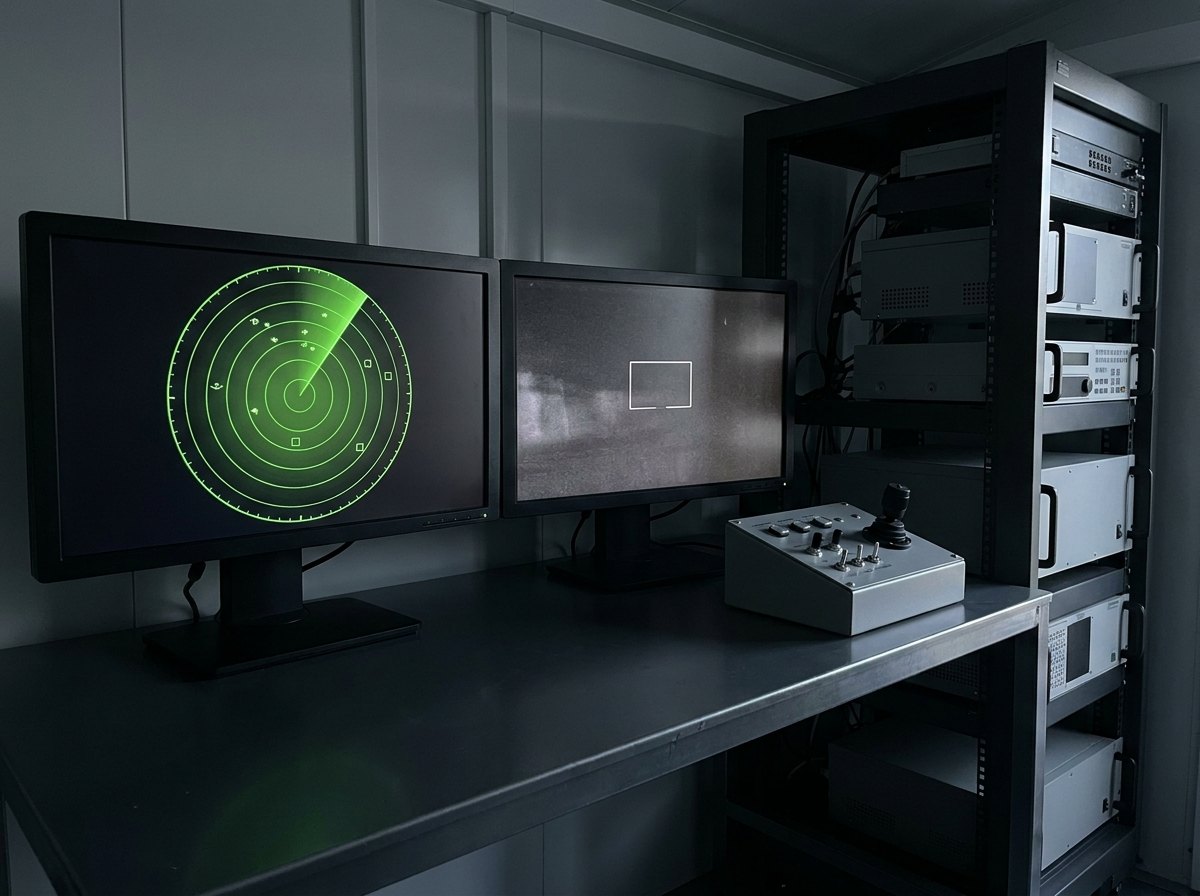 The interior of an air-defence control cabin: two monitors on a desk, one showing a plain circular radar sweep display with small track symbols and the other a dark camera view with a rectangular tracking box, beside a small control panel with a joystick