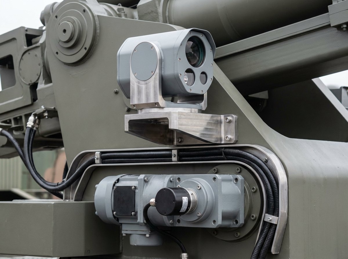 A sealed electro-optical sensor head on a machined two-axis mount fitted to a gun cradle, with the servo drive unit and cabling visible beneath it