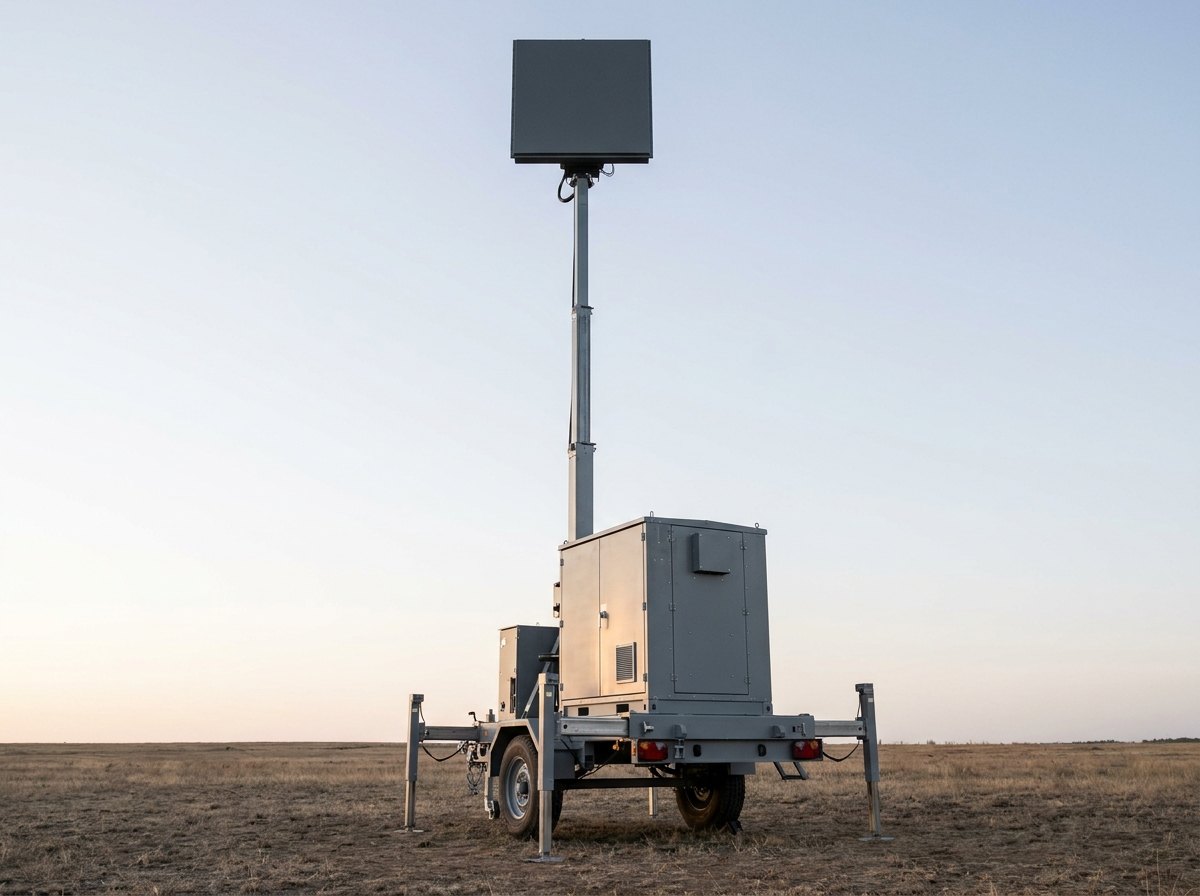 A flat-panel surveillance radar mounted on a raised mast on a towable trailer, standing against an open sky at a defended site