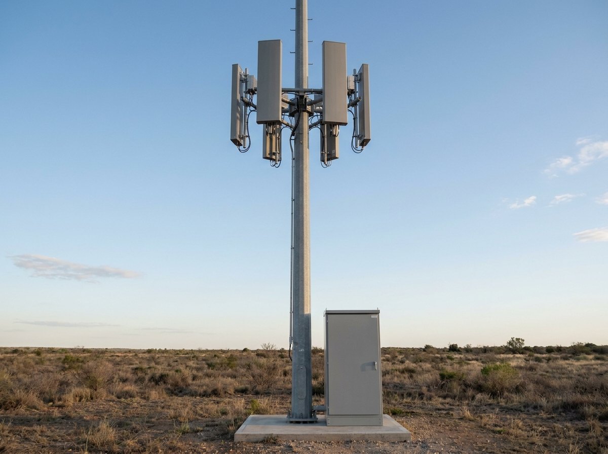 A radio-frequency detection array on a slim mast: several small flat sealed antenna panels arranged around a central column above a grey equipment cabinet, against open sky