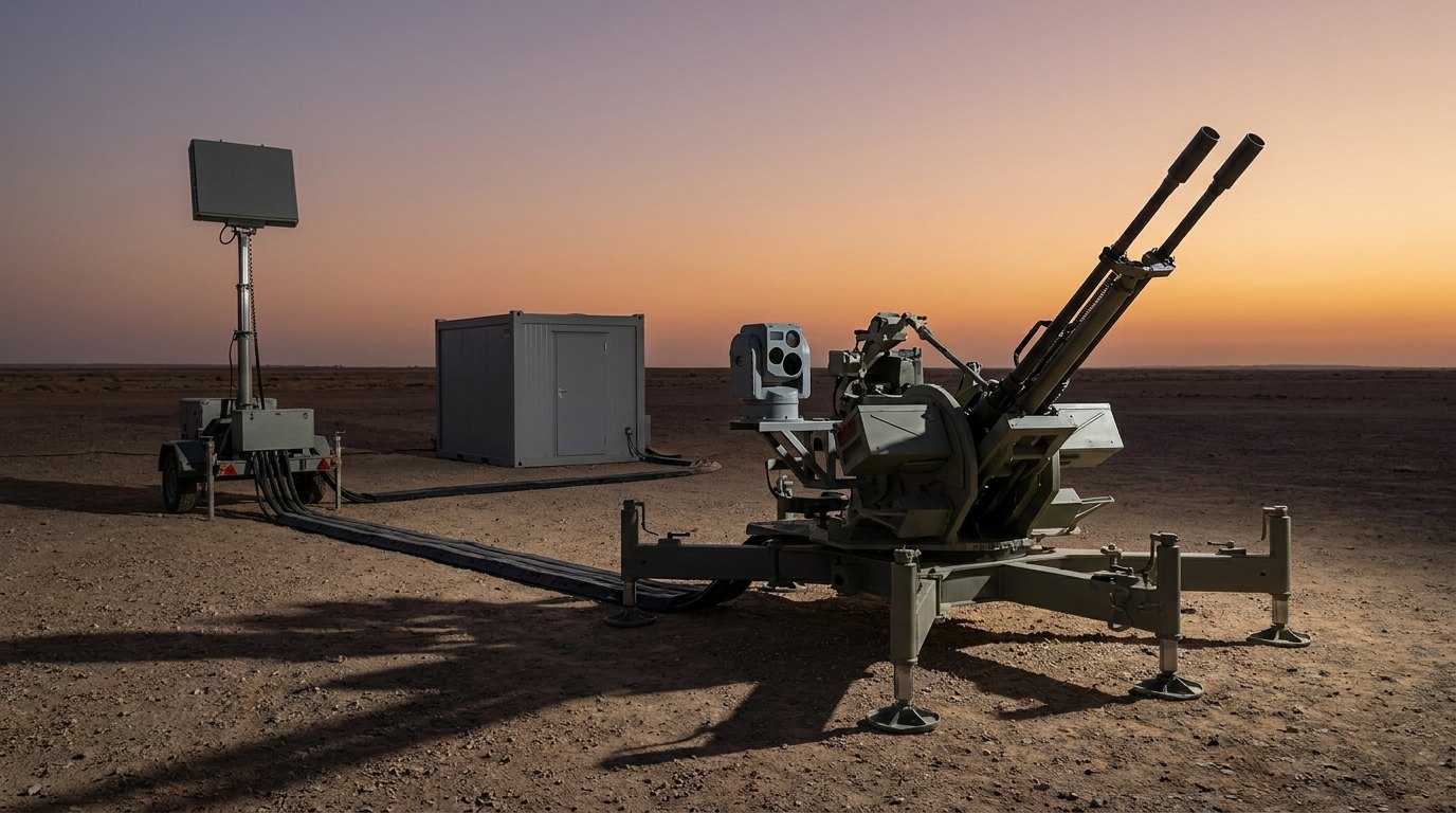 An upgraded air-defence gun position at dusk: a towed twin-barrel anti-aircraft mount with a sealed electro-optical sensor head fitted on its cradle, a flat-panel radar raised on a mast behind it and a control cabin to one side