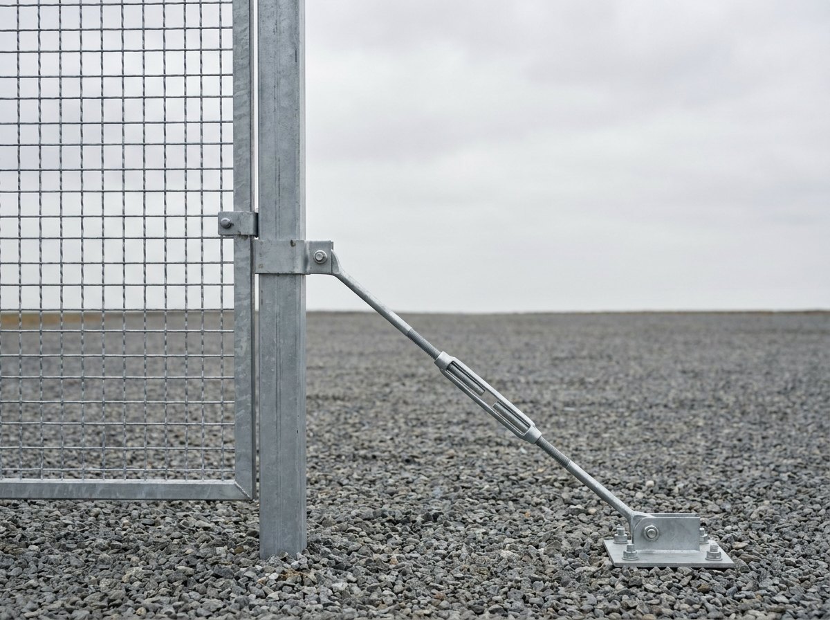 A close view of an anti-drone mesh panel clamped to a galvanized steel post, with a diagonal turnbuckle stay running down to a bolted base plate on gravel, and no people