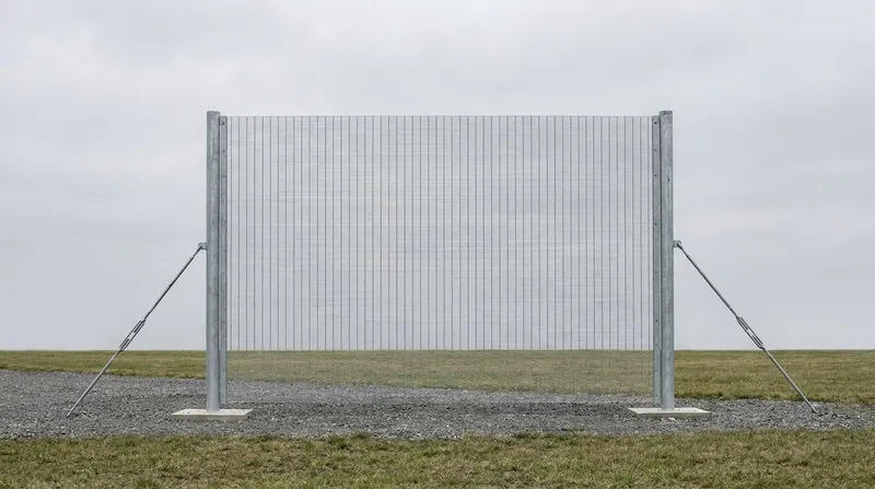 An anti-drone screen: a tall mesh panel between two galvanized steel posts on concrete footings, held upright by diagonal turnbuckle stays to ground anchors, with the mesh meeting the gravel ground, and no people