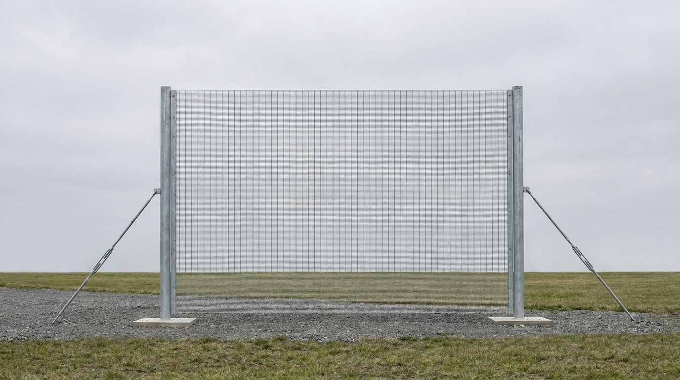 An anti-drone screen: a tall mesh panel between two galvanized steel posts on concrete footings, held upright by diagonal turnbuckle stays to ground anchors, with the mesh meeting the gravel ground, and no people