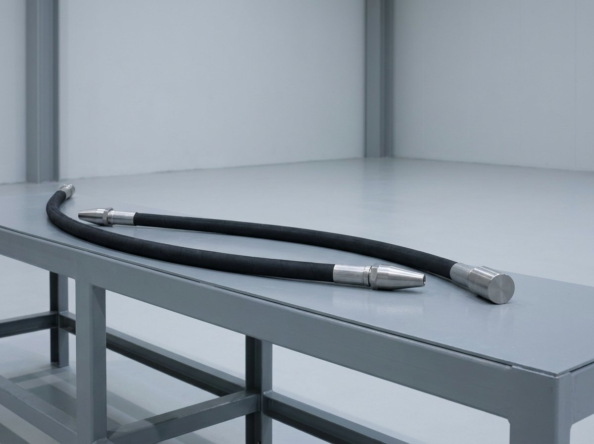 Two plain black flexible hoses laid in gentle curves on a grey steel bench, each ending in a plain stainless steel adapter fitting, one a smooth tapered nose and the other a short plain cylindrical plug, and no people