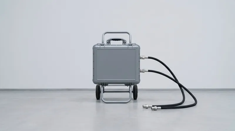 A single portable air data test set in a clean test hall: a rugged grey steel case with a carrying handle and a smooth blank front panel on a small two-wheel trolley, with two plain black hoses running from stainless ports on its side to two stainless adapter fittings lying on the floor, and no people