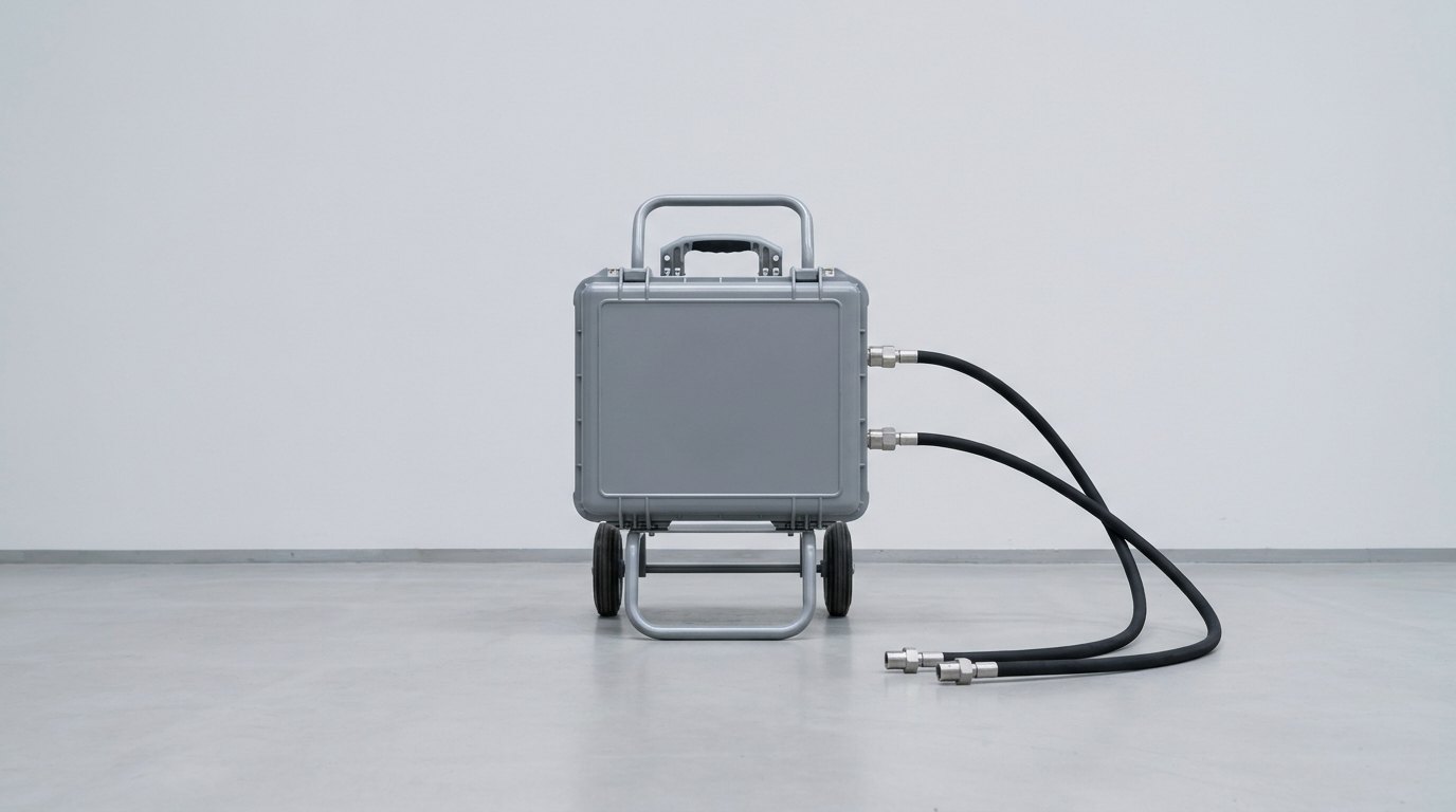 A single portable air data test set in a clean test hall: a rugged grey steel case with a carrying handle and a smooth blank front panel on a small two-wheel trolley, with two plain black hoses running from stainless ports on its side to two stainless adapter fittings lying on the floor, and no people