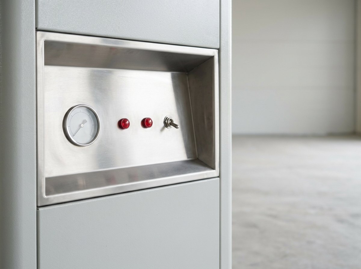Close view of the control panel of a twin-tower air drying unit, isolated against a clean workshop floor: one dew-point gauge, two indicator lights and a single toggle switch on a plain stainless panel, and no people