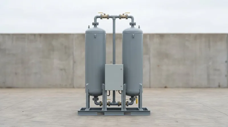 A twin-tower compressed air drying unit: two identical vertical pressure vessels mounted side by side on a steel skid, connected by plain unmarked piping and valves, with a small control panel box between them, on a clean concrete yard, and no people