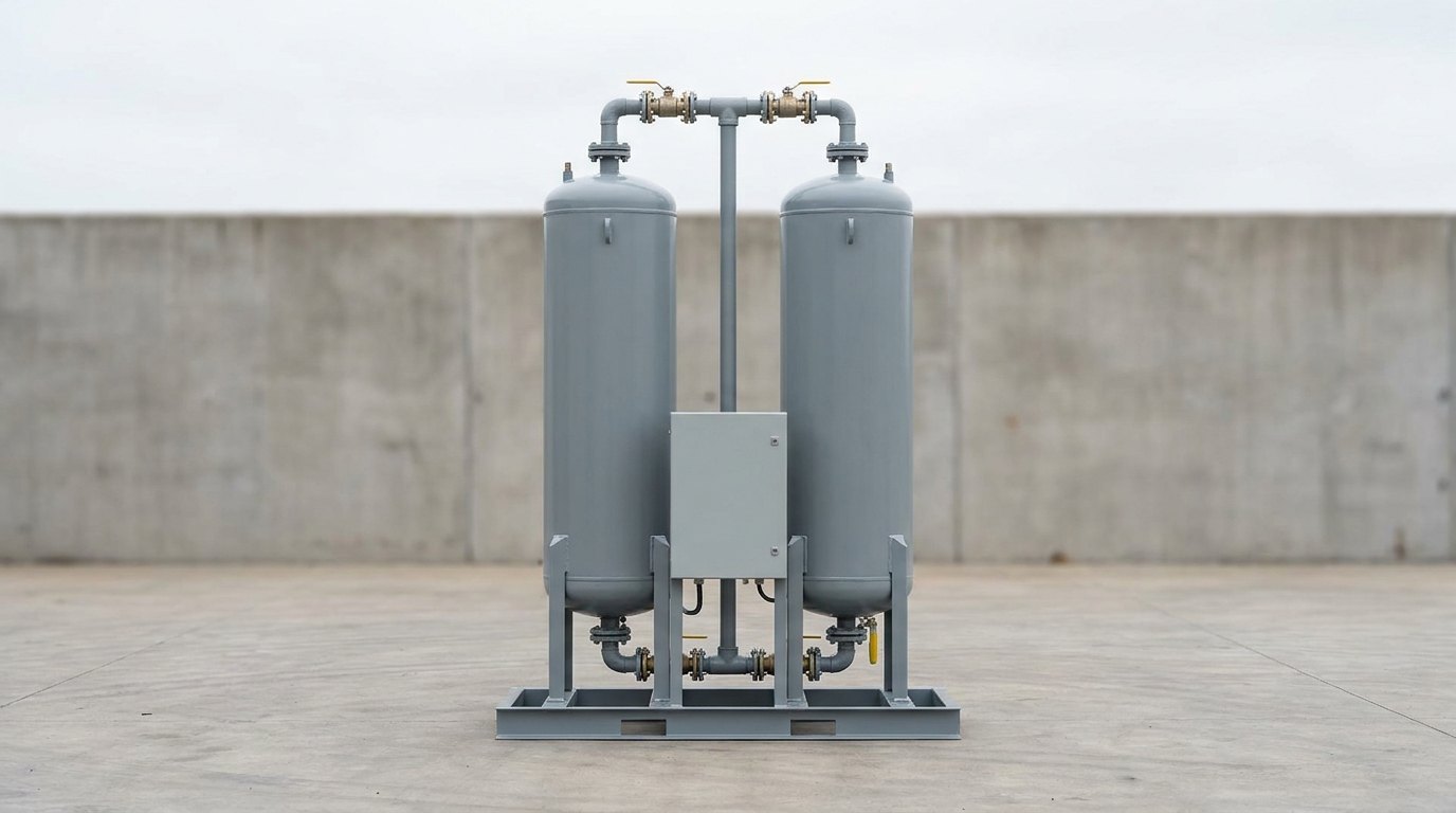 A twin-tower compressed air drying unit: two identical vertical pressure vessels mounted side by side on a steel skid, connected by plain unmarked piping and valves, with a small control panel box between them, on a clean concrete yard, and no people
