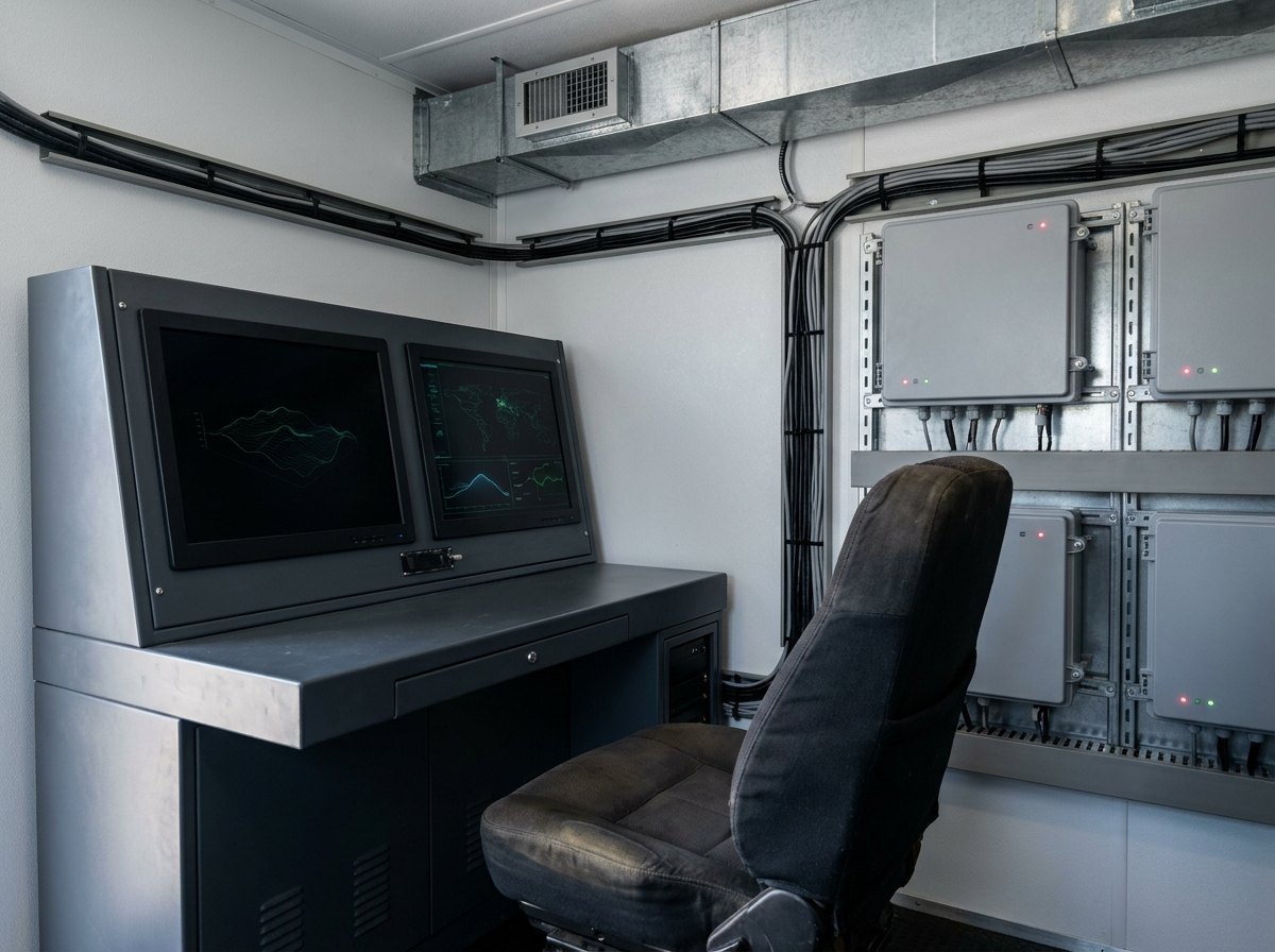 Interior mission bay of the vehicle: an operator console with plain screens, equipment racks with neutral sealed enclosures, tidy cabling and cooling