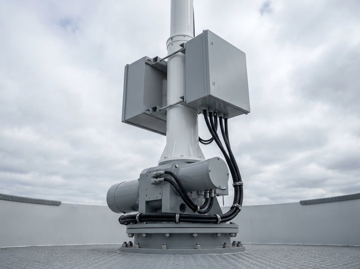 A hoistable mast on a stabilised pedestal raised from a vehicle deck, carrying neutral sealed sensor enclosures against an overcast sky