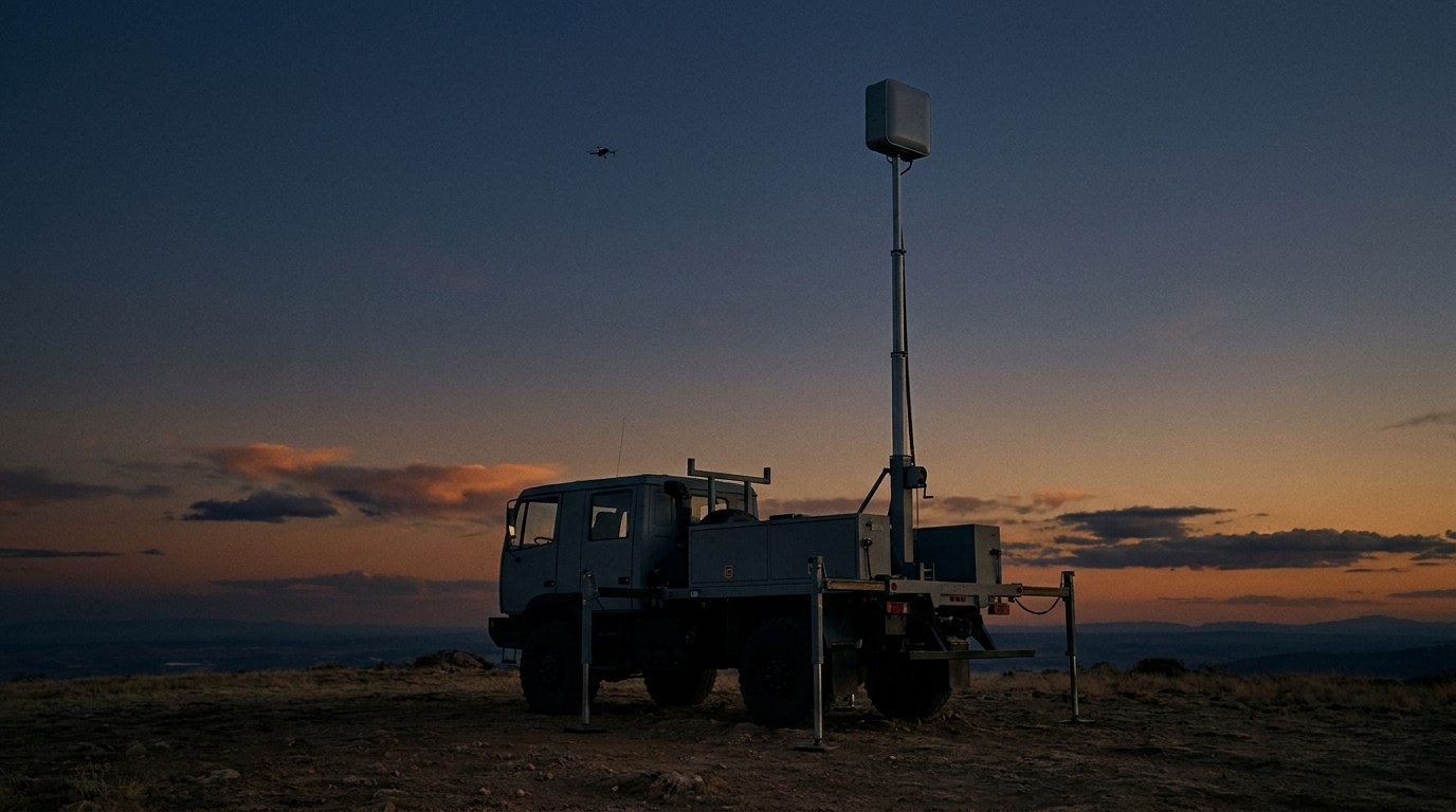 The anti-drone mission vehicle on watch at dusk, mast fully raised, its sealed sensor tracking a single distant drone contact high in the sky