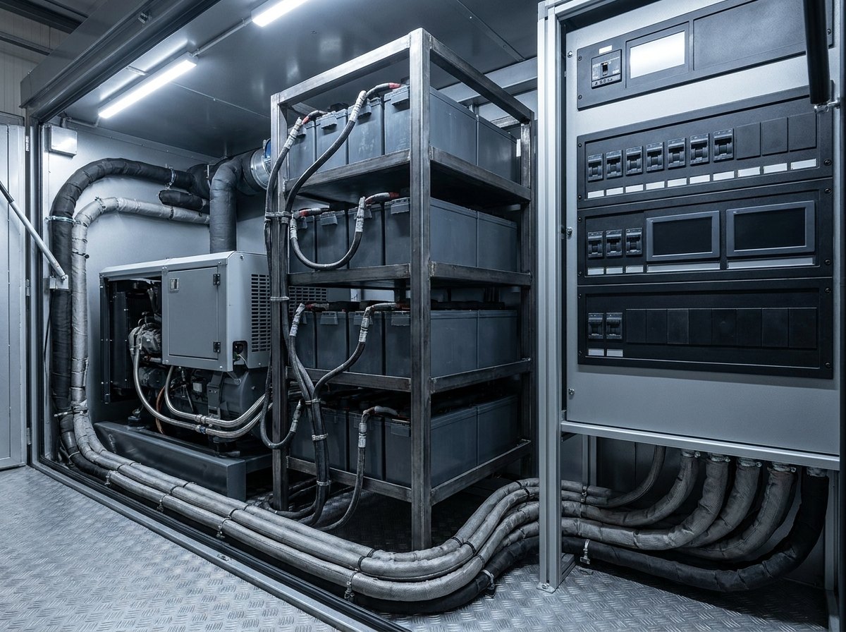 Silent-watch power bay inside a mission vehicle: a compact hybrid power unit, battery bank and distribution cabinet with neat cabling and cooling ducts