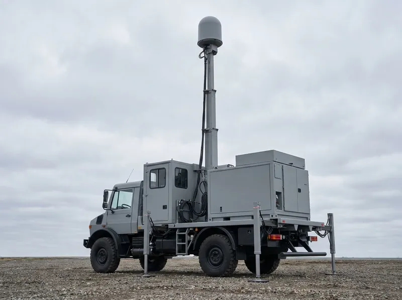 A mission vehicle with a hoistable mast raised on a stabilised pedestal carrying sealed sensor and payload enclosures, mission cabin behind, parked on open ground
