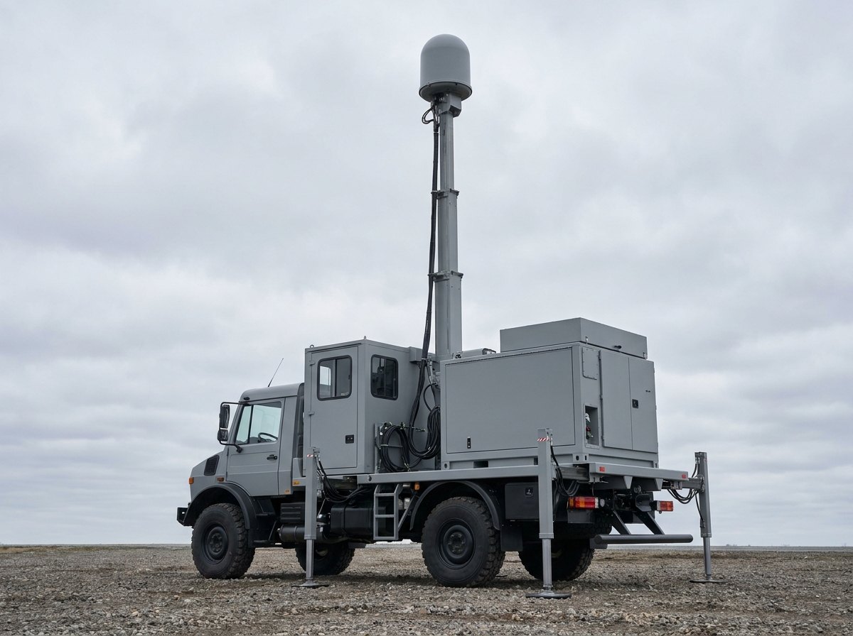 A mission vehicle with a hoistable mast raised on a stabilised pedestal carrying sealed sensor and payload enclosures, mission cabin behind, parked on open ground