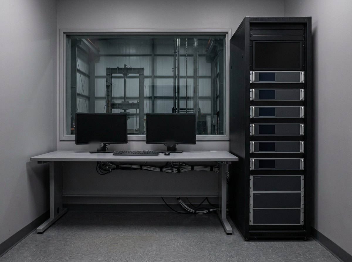 Illustrative image, not a delivered installation — the control and data-acquisition room of an aircrew-escape test facility, with a high-speed-camera and data-acquisition console showing plain dark screens, in a clean laboratory, no text and no people