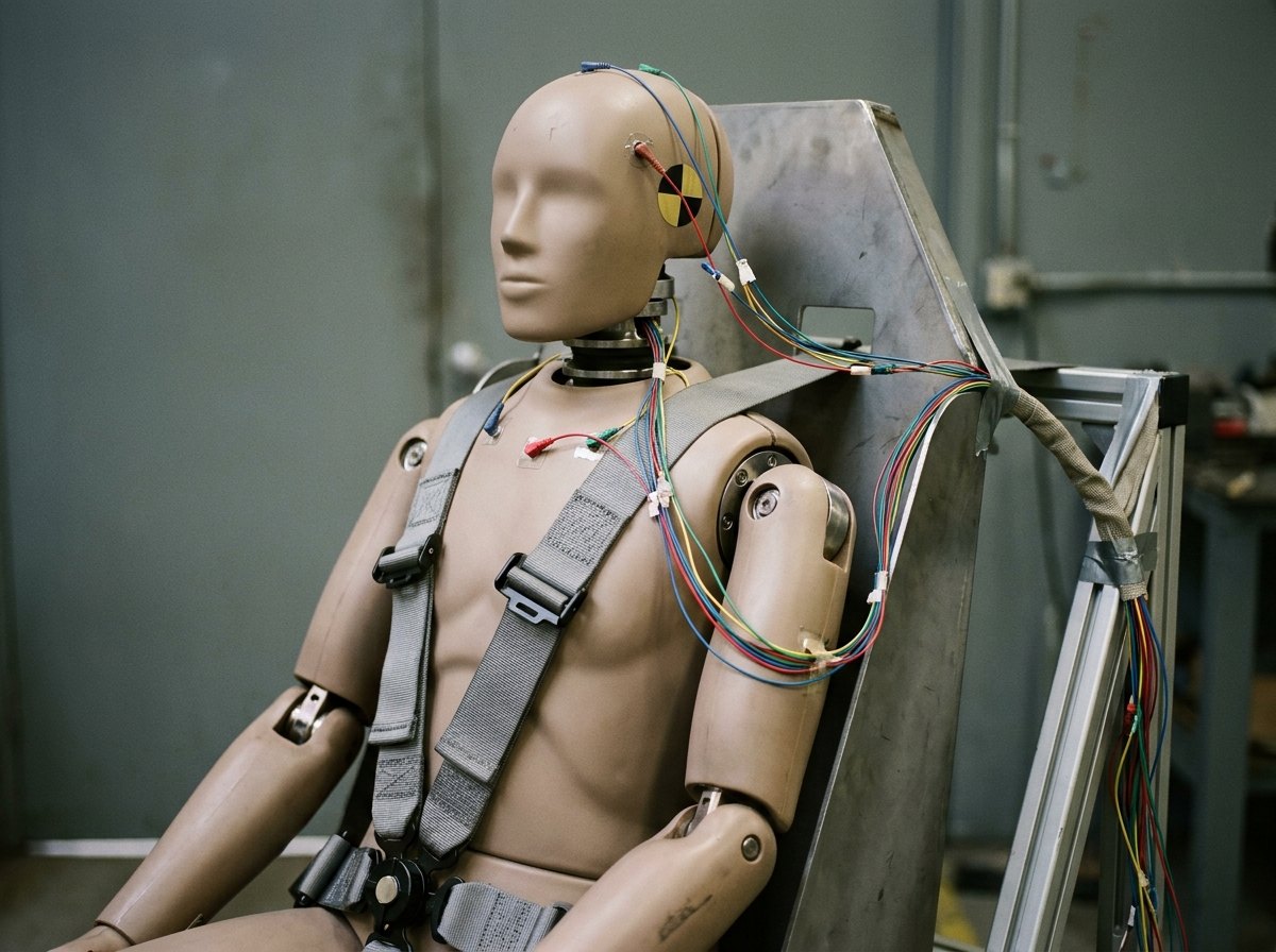 Illustrative image, not a delivered installation — a close view of an instrumented anthropomorphic test dummy seated in a generic ejection-seat test article, with sensor wiring at the head, neck and spine and a harness restraint, no text and no real people