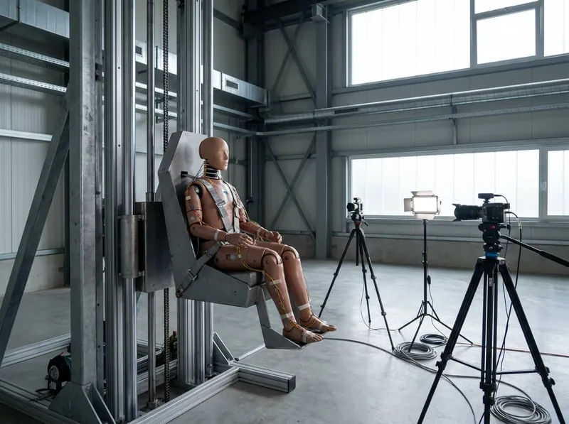 Illustrative image, not a delivered installation — a generic ejection-seat test article with an instrumented crash-test dummy strapped in, mounted on a steel test frame on drop-tower rails, with high-speed cameras and cabling around it in a clean test hall