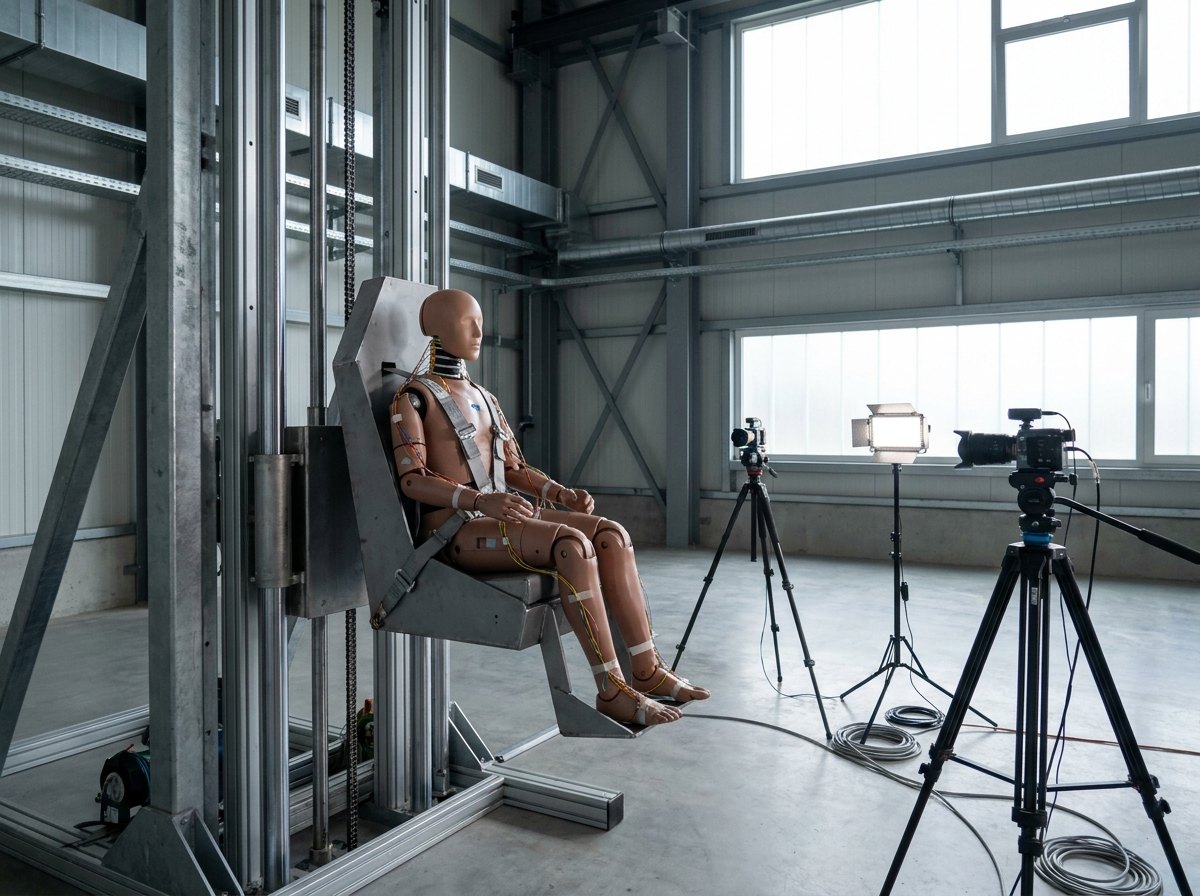 Illustrative image, not a delivered installation — a generic ejection-seat test article with an instrumented crash-test dummy strapped in, mounted on a steel test frame on drop-tower rails, with high-speed cameras and cabling around it in a clean test hall