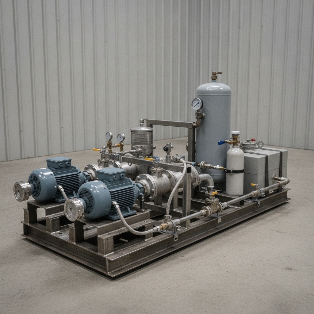 Aerospace Fuel Supply System installed skid - dual centrifugal pumps, N2-pressurised emergency vessel, dome pressure regulator and fuel filtration assembly by Neometrix