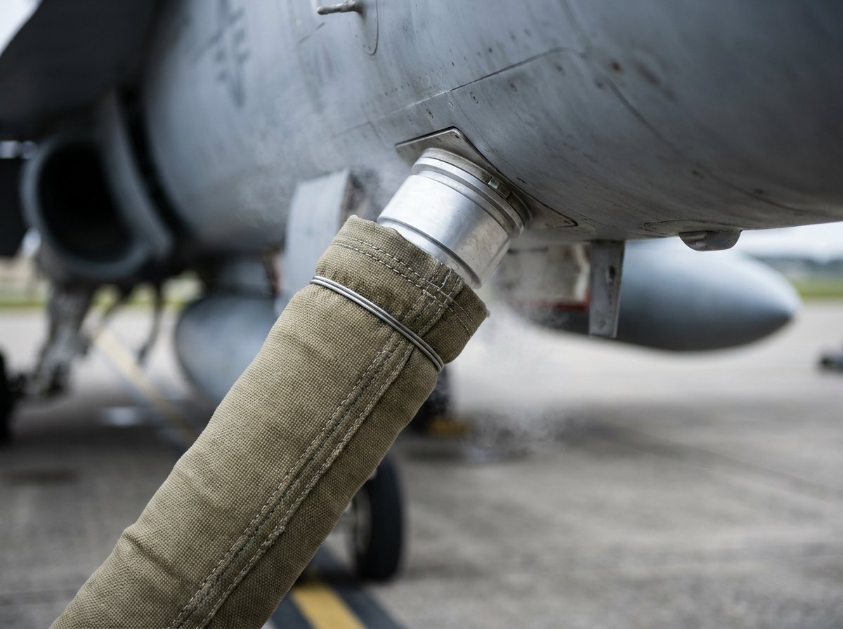 Representative render — the heat-insulated ground-cooling hose and its machined aluminium adaptor coupled to a ground-cooling connector on the underside of a grey military jet fuselage, with faint condensation misting at the joint