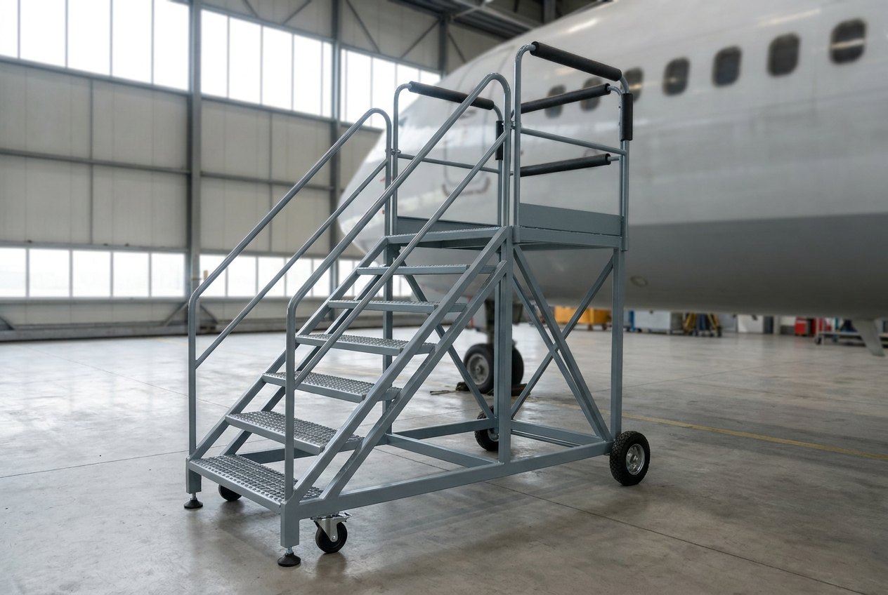 Fixed-height aircraft cabin entrance maintenance ladder with work platform, handrails and rubber fuselage bumpers in a hangar