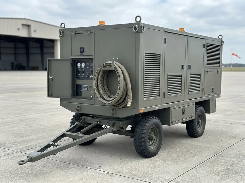 Representative render — aircraft ground air-conditioning cart on an airfield apron: olive-grey multi-door canopy with louvred cooling grilles on a twin-axle chassis with all-terrain tyres and A-frame tow bar
